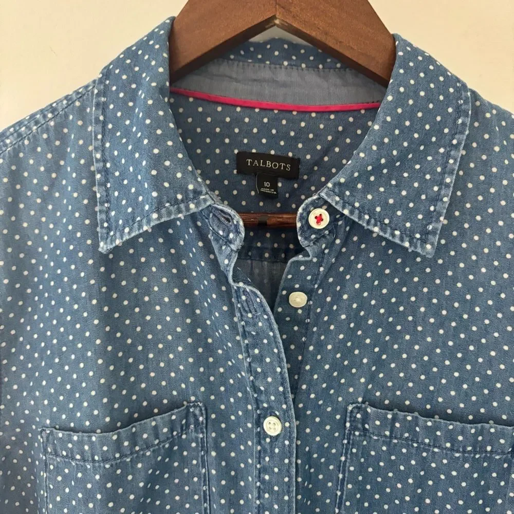 Talbots Polka Dot Chambray Button-Down Shirt – 100% Cotton Size 10